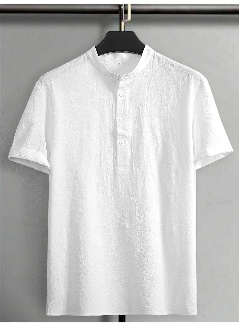 Men's White Short Sleeve Henley Shirt Band Collar Crinkle Texture Cotton Linen Blend Casual Top - Image 1